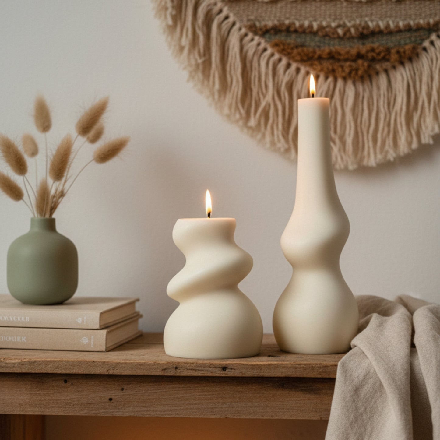 abstract candle set cream ivory styled on bohemian shelf — sculptural irregular soy candle pair modern home décor Canada Candle Set — Lifestyle