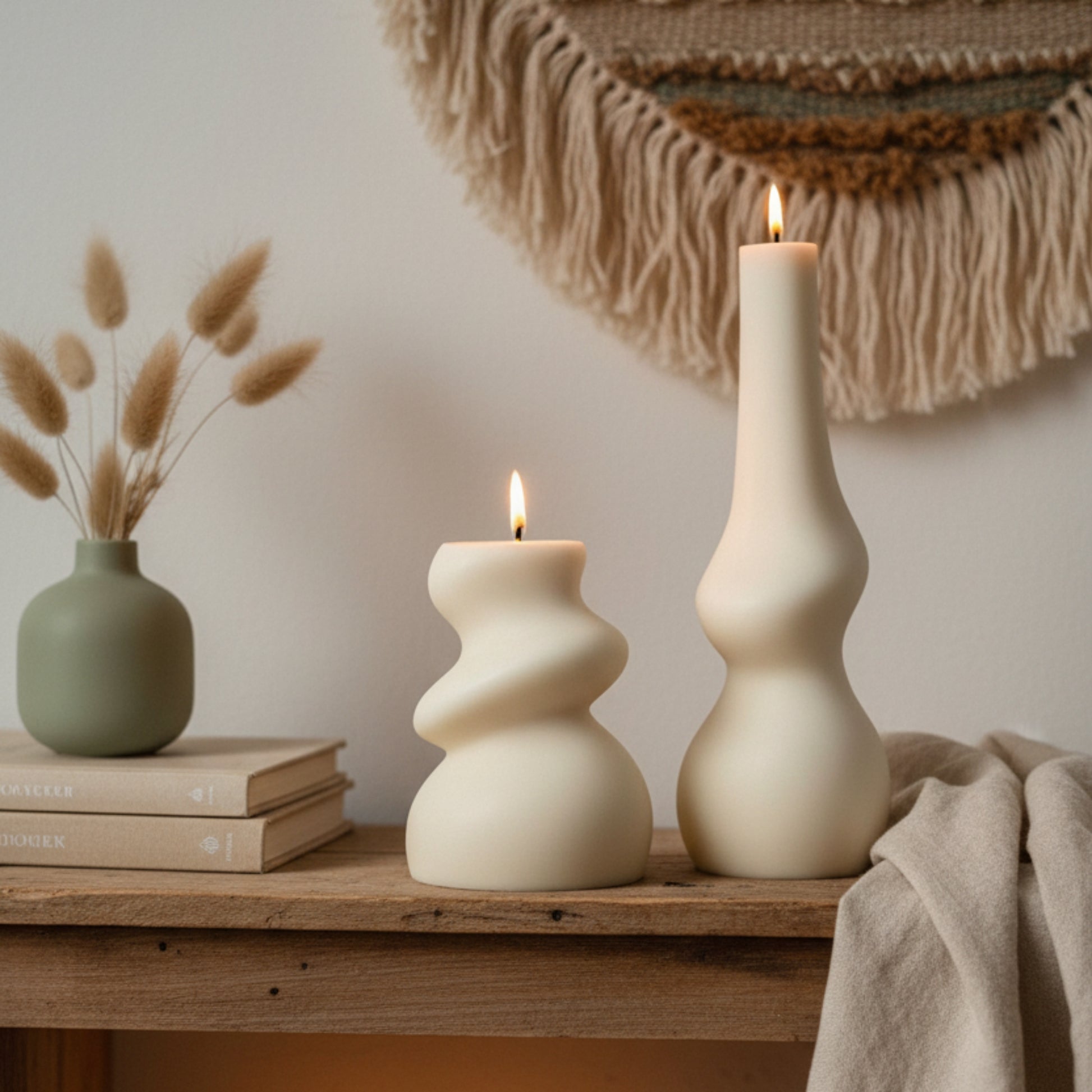 abstract candle set cream ivory styled on bohemian shelf — sculptural irregular soy candle pair modern home décor Canada Candle Set — Lifestyle