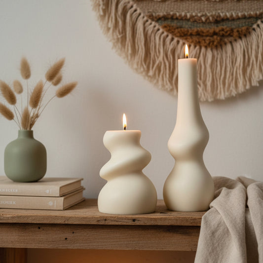 abstract candle set cream ivory styled on bohemian shelf — sculptural irregular soy candle pair modern home décor Canada Candle Set — Lifestyle