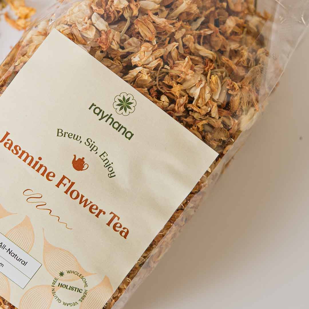 Brewing jasmine flower herbal tea — floral infusion for calming evening wellness rituals