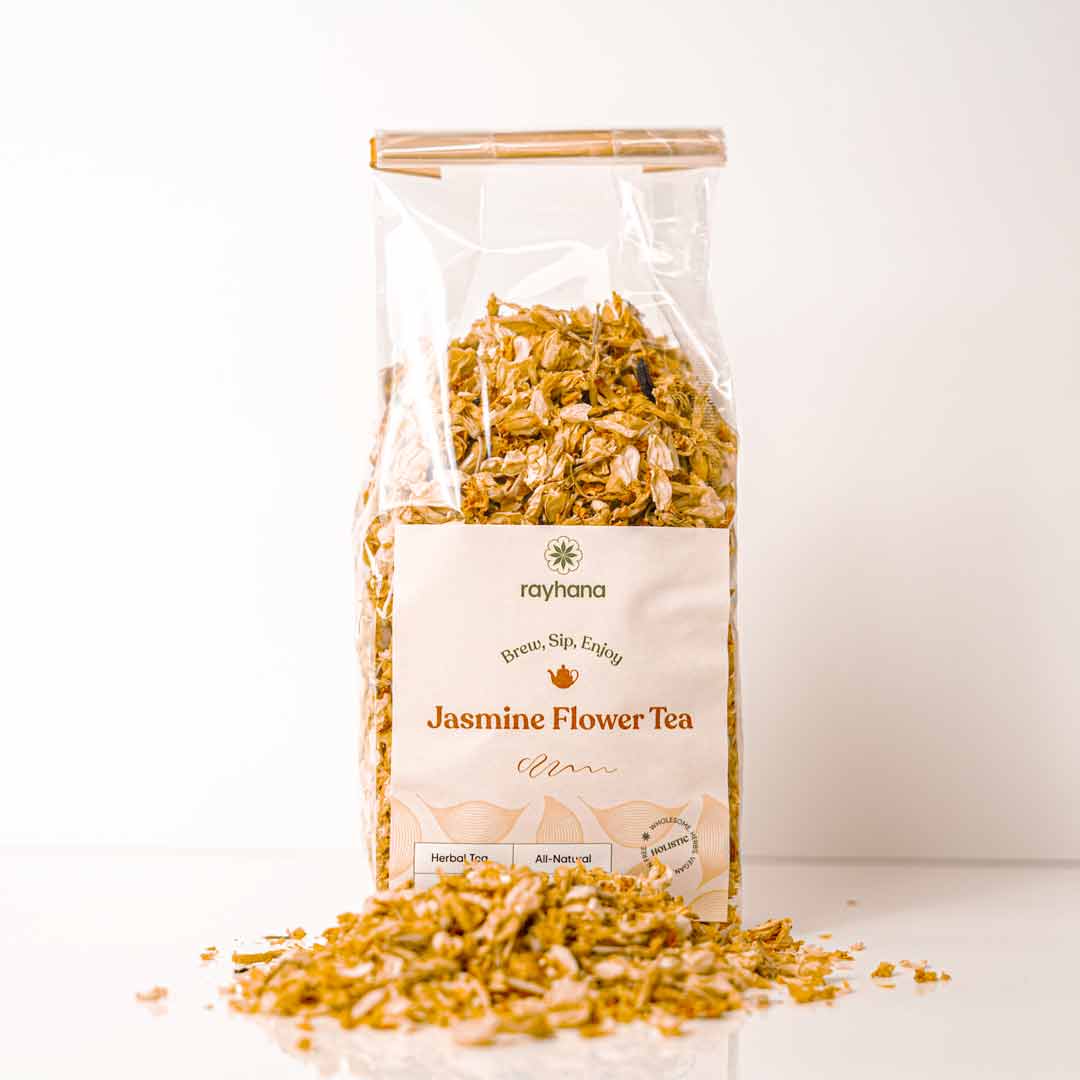 Fragrant jasmine flower herbal tea — whole dried blossoms for relaxation and mood lifting