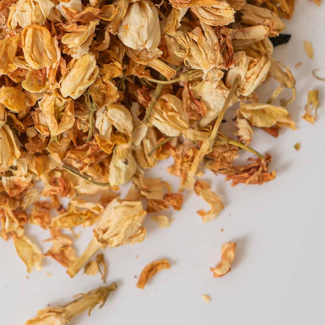 Dried jasmine blossoms loose leaf tea — naturally caffeine-free floral herbal blend