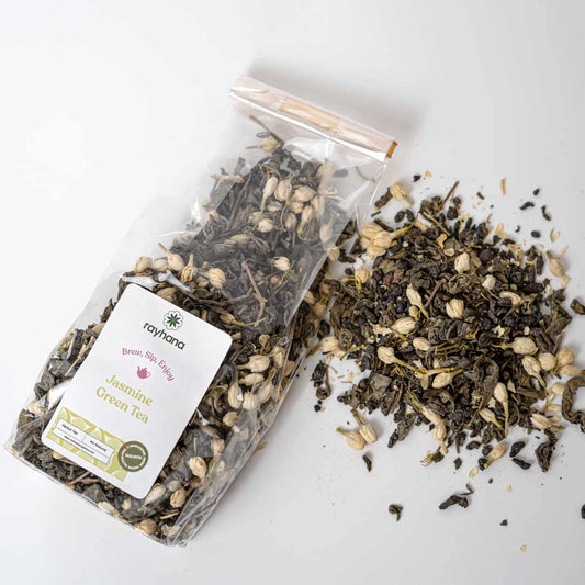 Calming jasmine blossom green tea — whole dried flowers and loose leaves for relaxation and focus