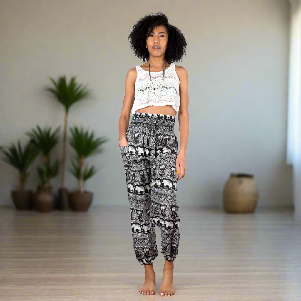 Black and white elephant print Bali pants handmade boho women's trousers