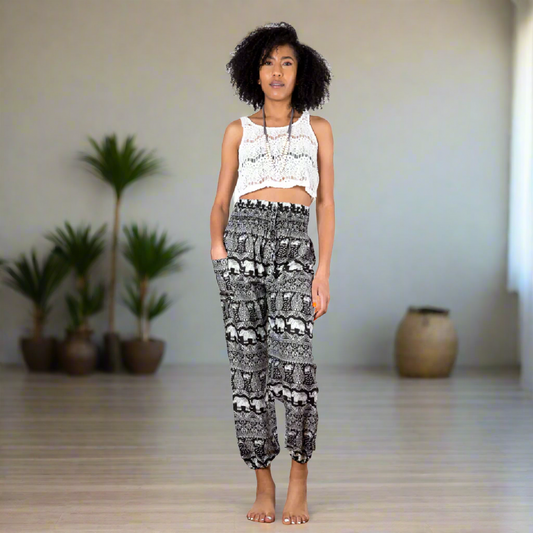 Black and white elephant print Bali pants handmade boho women's trousers