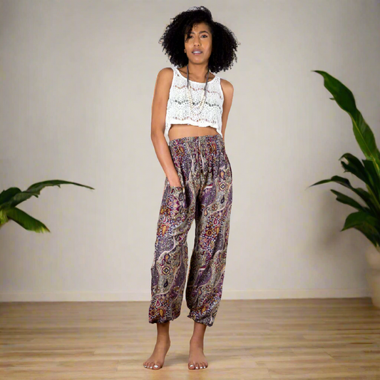 Purple paisley Bali pants open waist beach festival wear