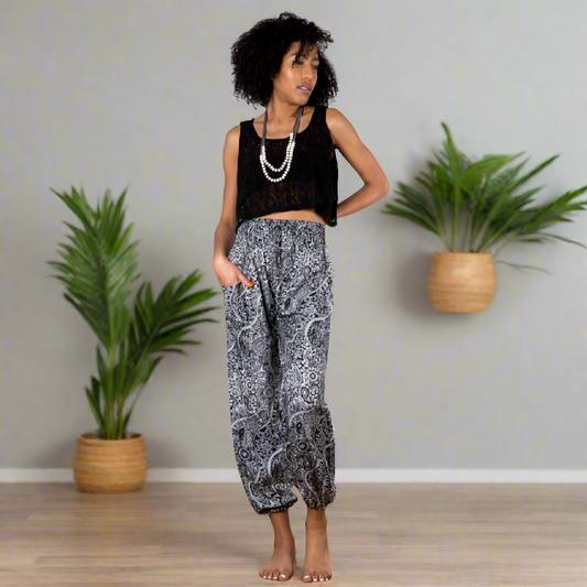 Black and white paisley print Bali pants handmade boho women's trousers