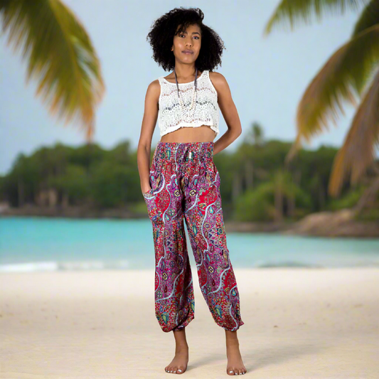 Red pink paisley Bali pants open waist beach festival wear