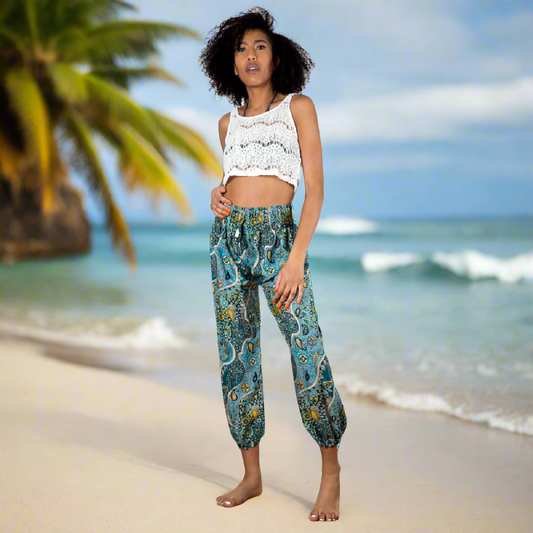 Blue gold print Bali pants open waist beach resort wear