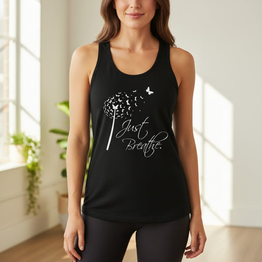 Women's Just Breathe racerback tank — mindfulness gift for women who find calm in the chaos