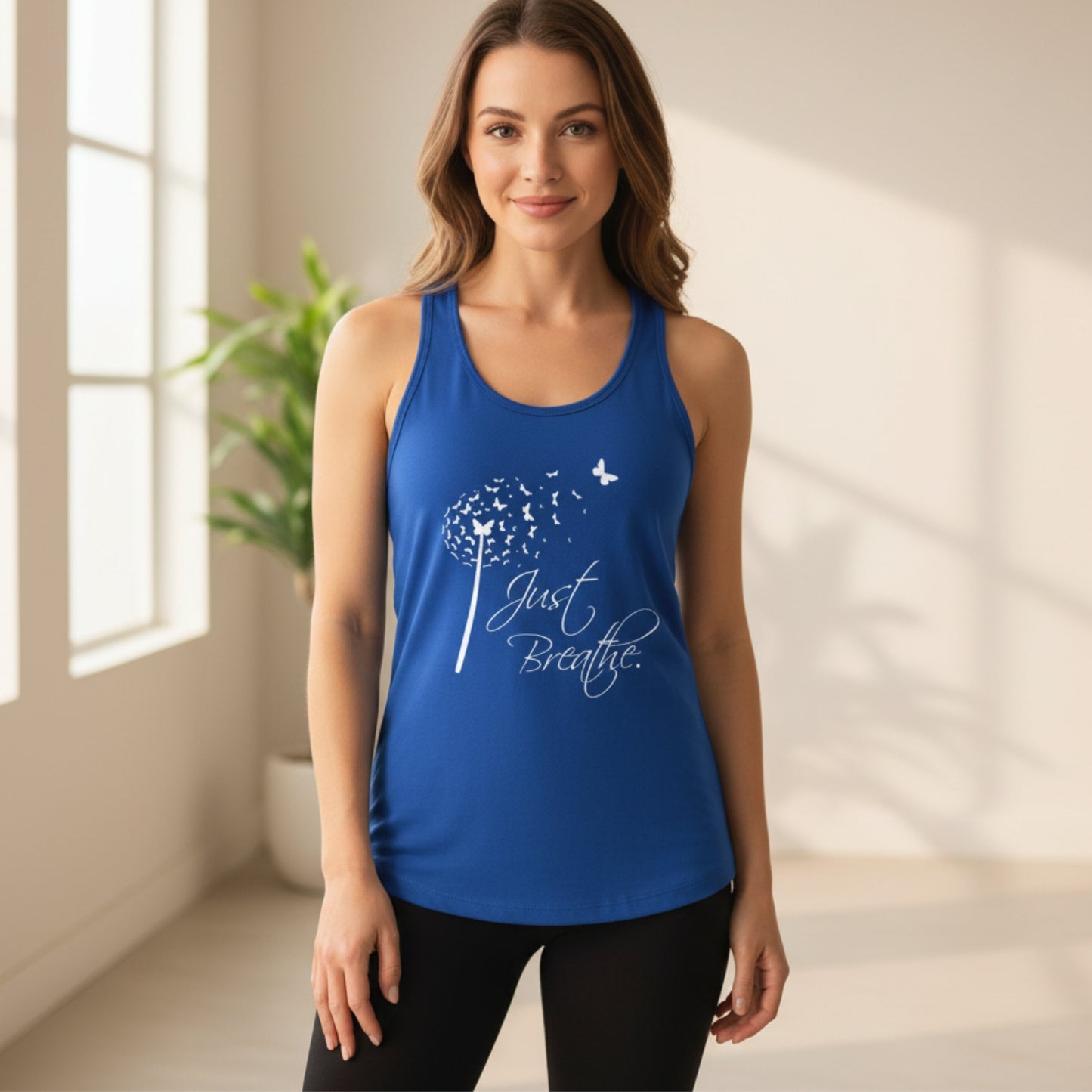 Just Breathe women's racerback tank — anxiety relief gift for her, calming shirt for the woman who needs a reminder to slow down