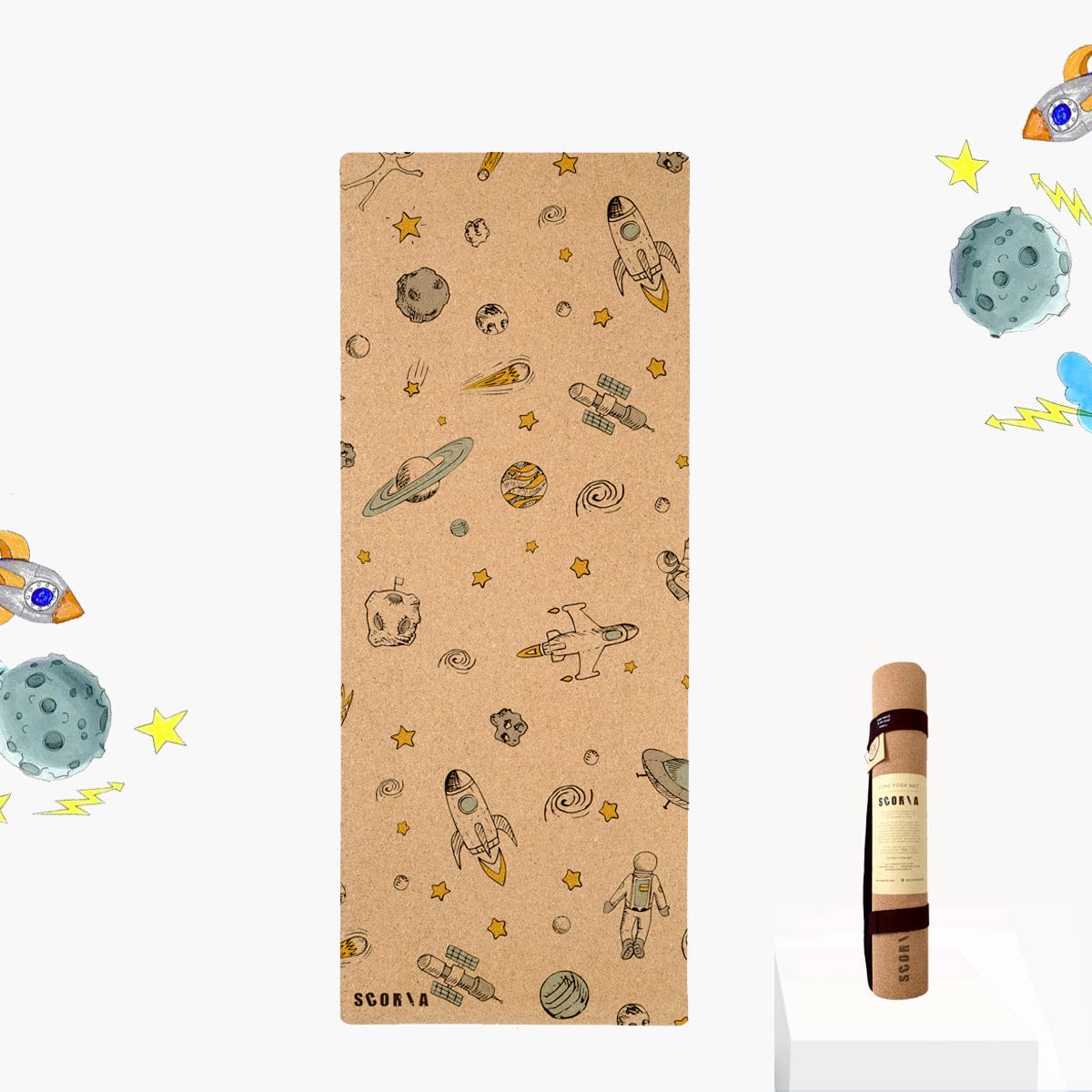 Kid size yoga mat with space-themed design on a white background