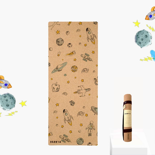 Kid size yoga mat with space-themed design on a white background