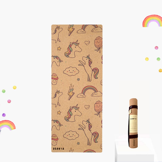 Kids' cork yoga mat with unicorn and rainbow pattern on a white background
