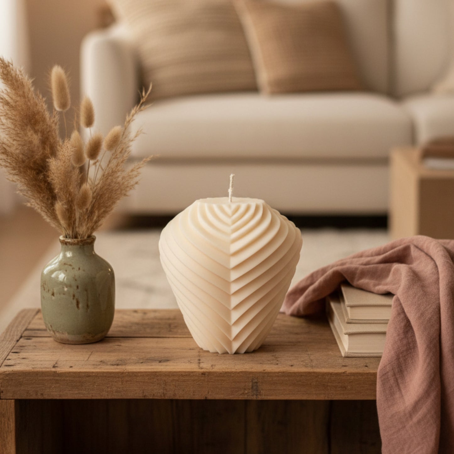 Ribbed heart candle cream ivory styled on bohemian shelf — layered geometric sculptural soy candle modern home décor accent Canada