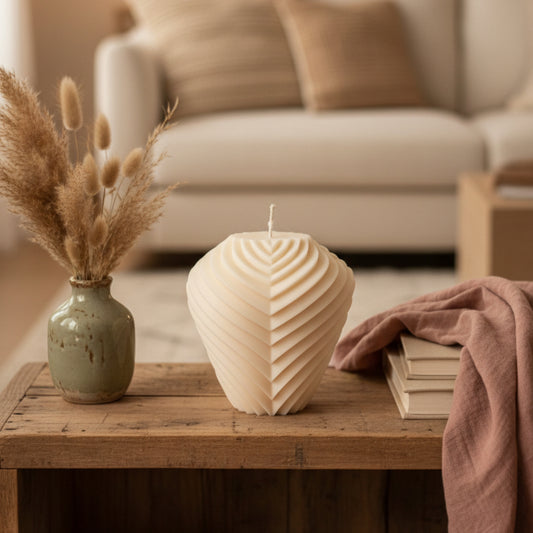 Ribbed heart candle cream ivory styled on bohemian shelf — layered geometric sculptural soy candle modern home décor accent Canada
