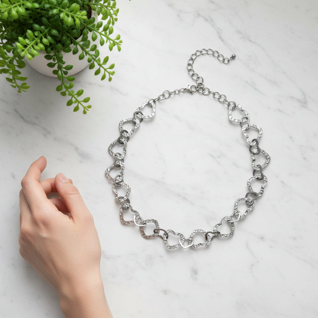 Handmade silver linked heart necklace dainty boho style