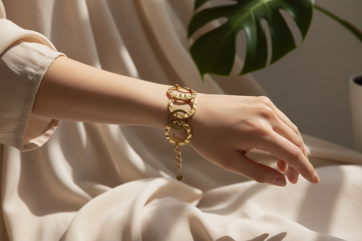 Handmade gold circle bracelet boho everyday jewelry on woman's wrist