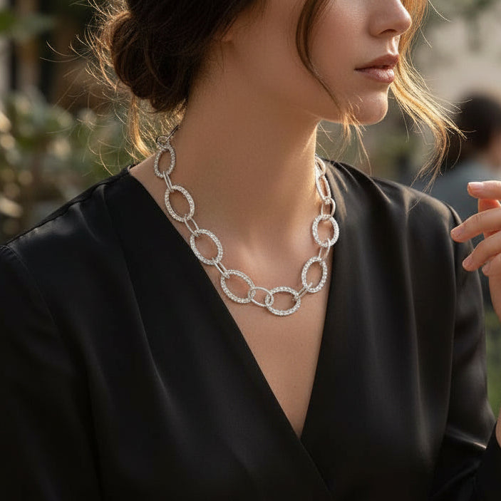 Silver stainless steel linked oval necklace Bali handmade