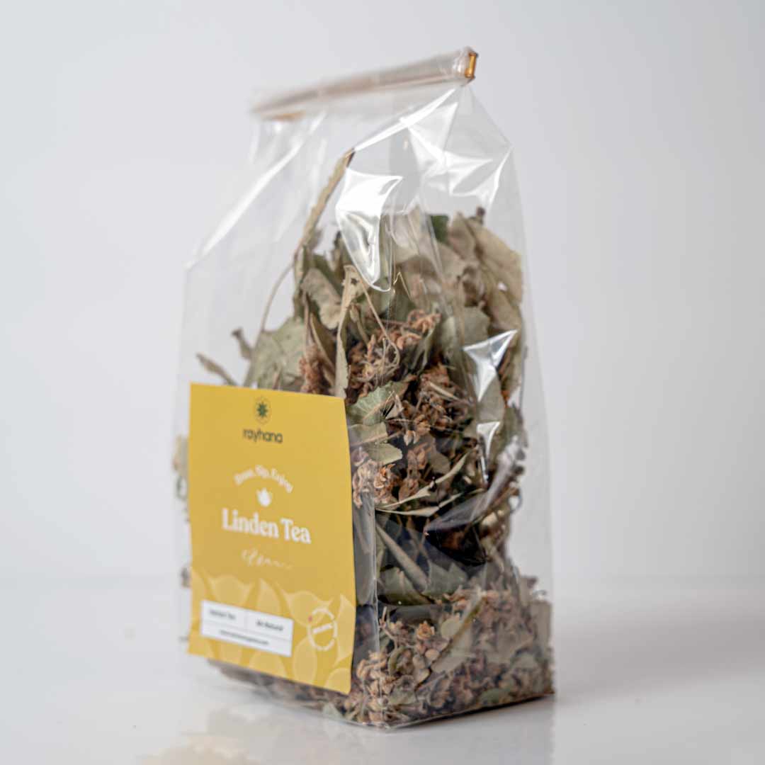 Dried linden leaves and flowers loose leaf tea by Rayhana Organics — soothing blend for stress relief