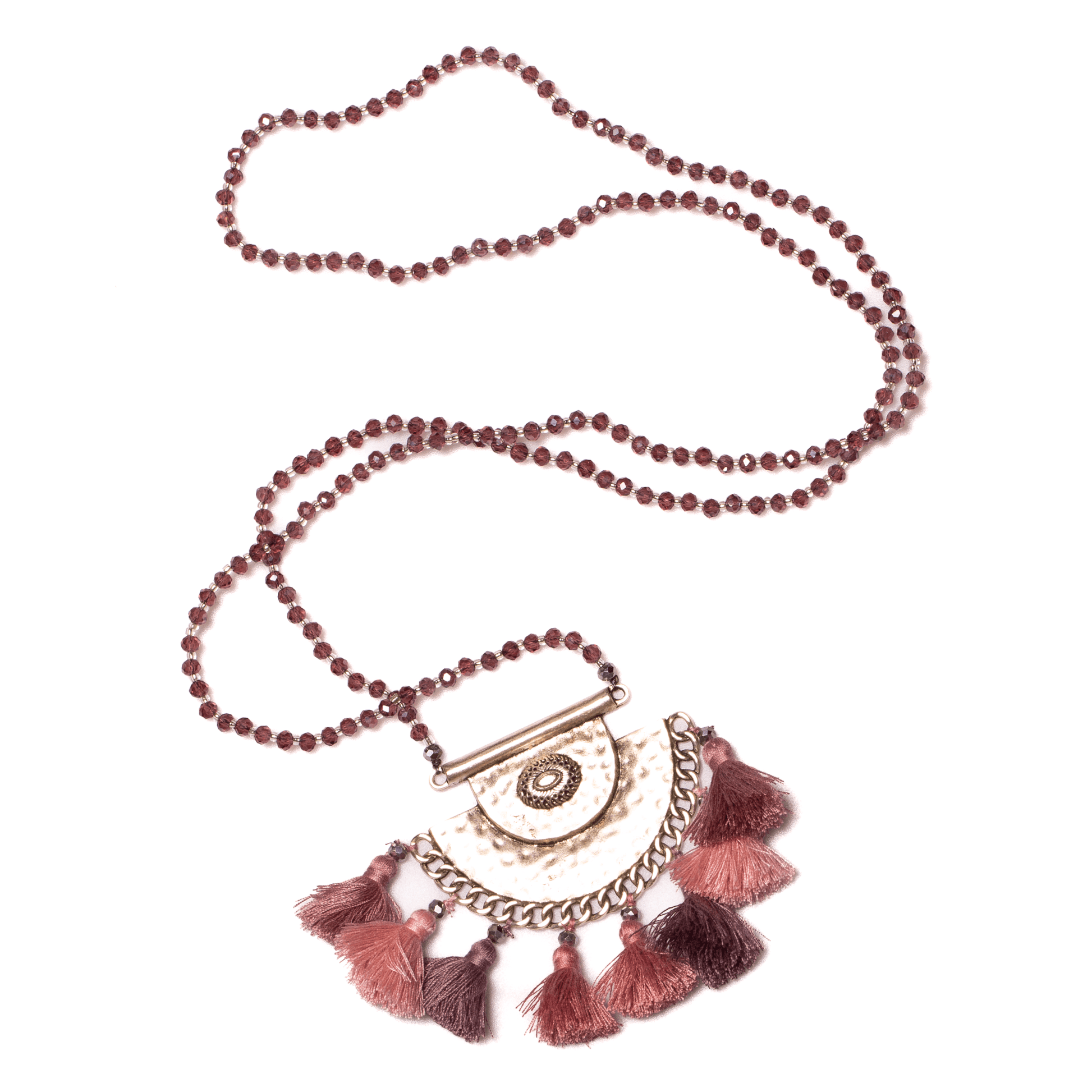 Long Crystal Necklace With Hammered Metal Pendant - Best Life Apparel