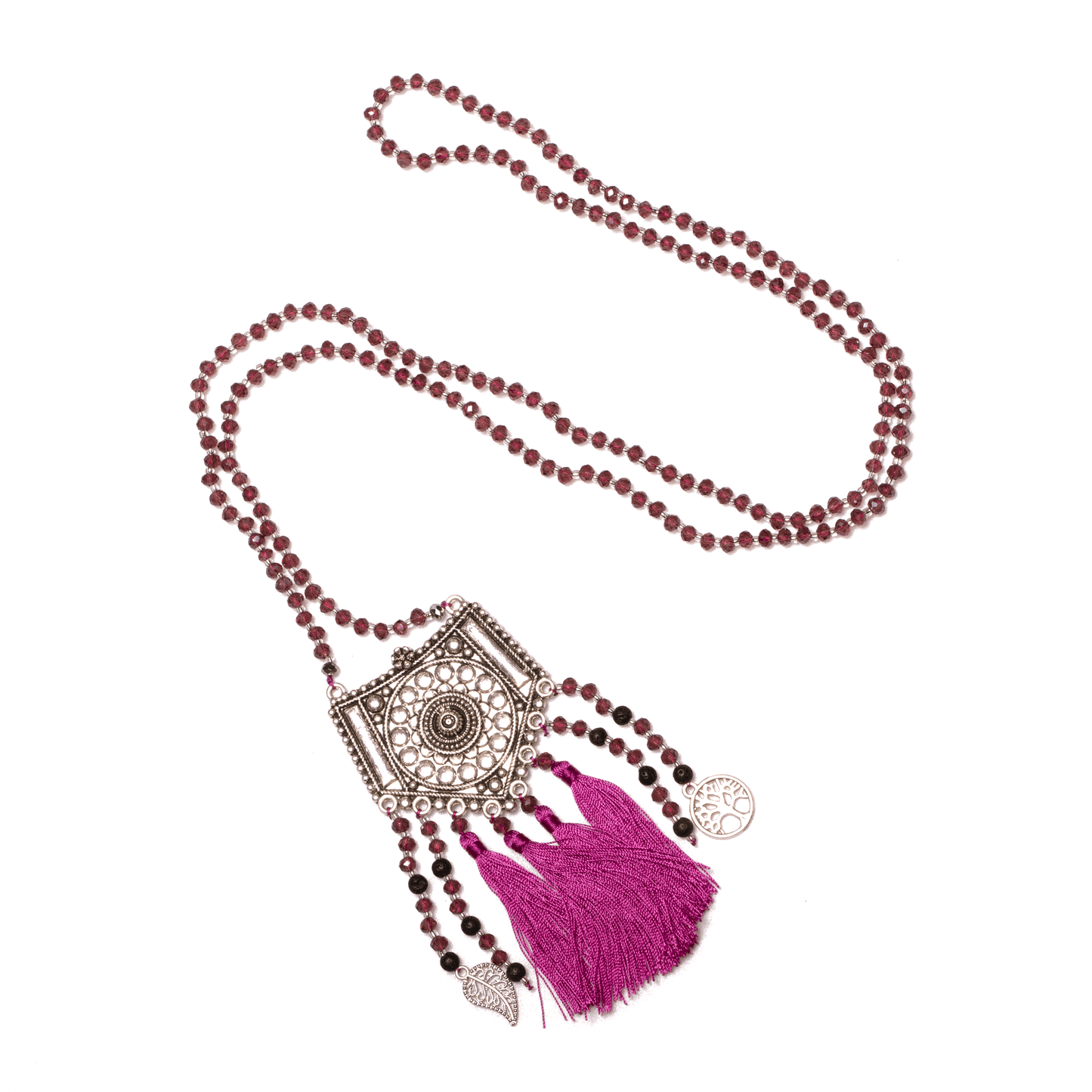 Long Crystal Necklace With Patterned Metal Pendant - Best Life Apparel