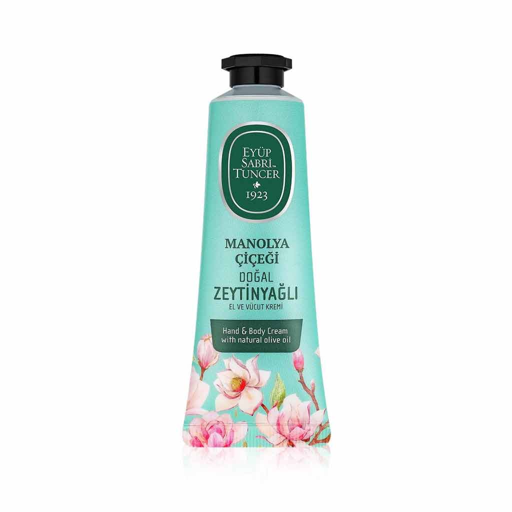 Magnolia Flower Olive Oil Hand & Body Cream – 50 ml  bottle with floral design on a white background