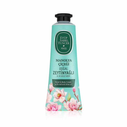 Magnolia Flower Olive Oil Hand & Body Cream – 50 ml  bottle with floral design on a white background