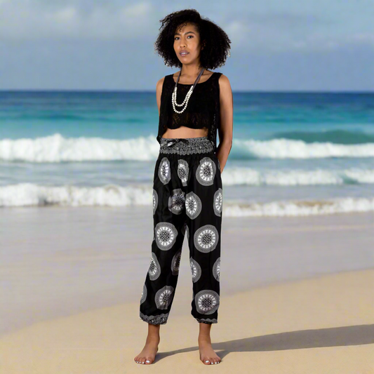 Circle print Bali pants black white open waist beach resort wear