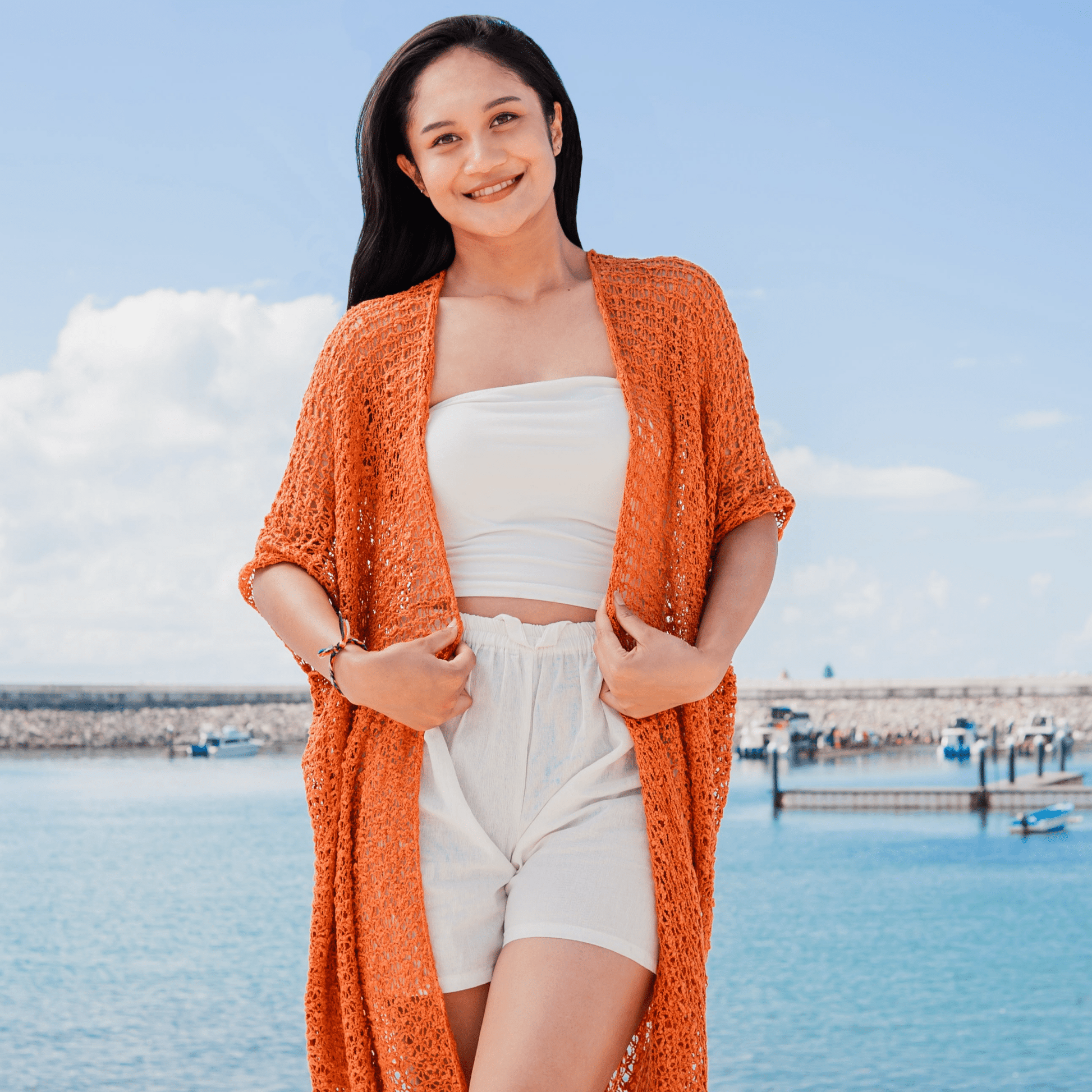 Mid Length Popcorn Knit Kimono - Orange - Best Life Apparel