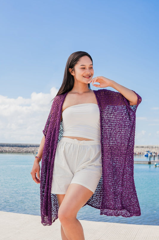 Mid Length Popcorn Knit Kimono - Purple - Best Life Apparel