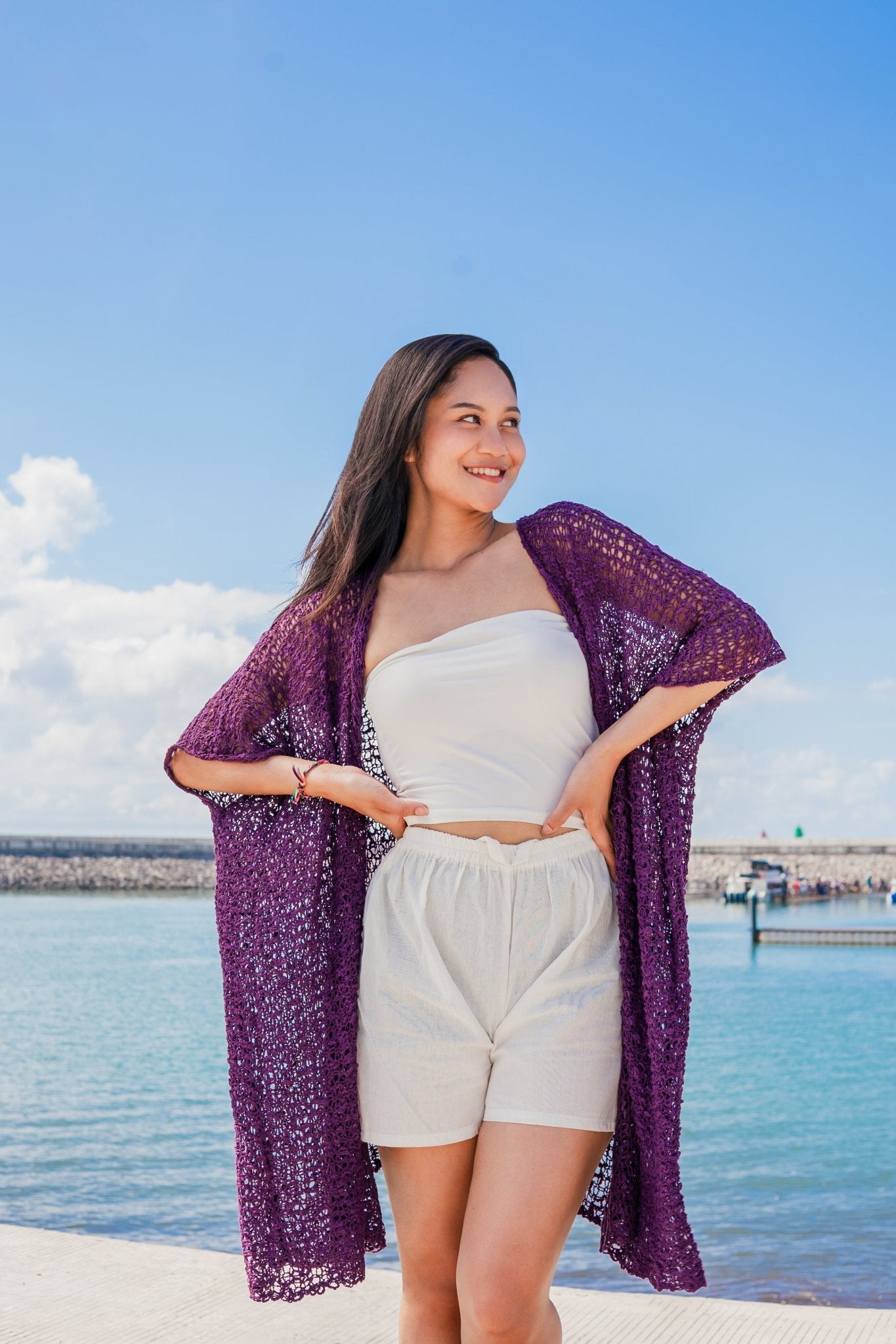 Mid Length Popcorn Knit Kimono - Purple - Best Life Apparel