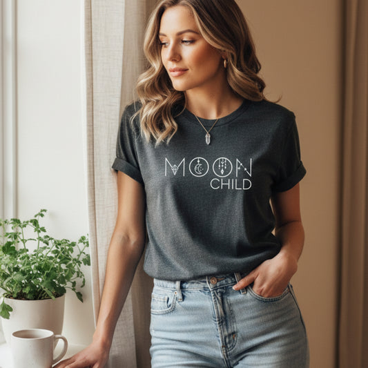 Moon Child women's tee — celestial gift for her, shirt for the woman who lives by moon cycles and midnight magic
