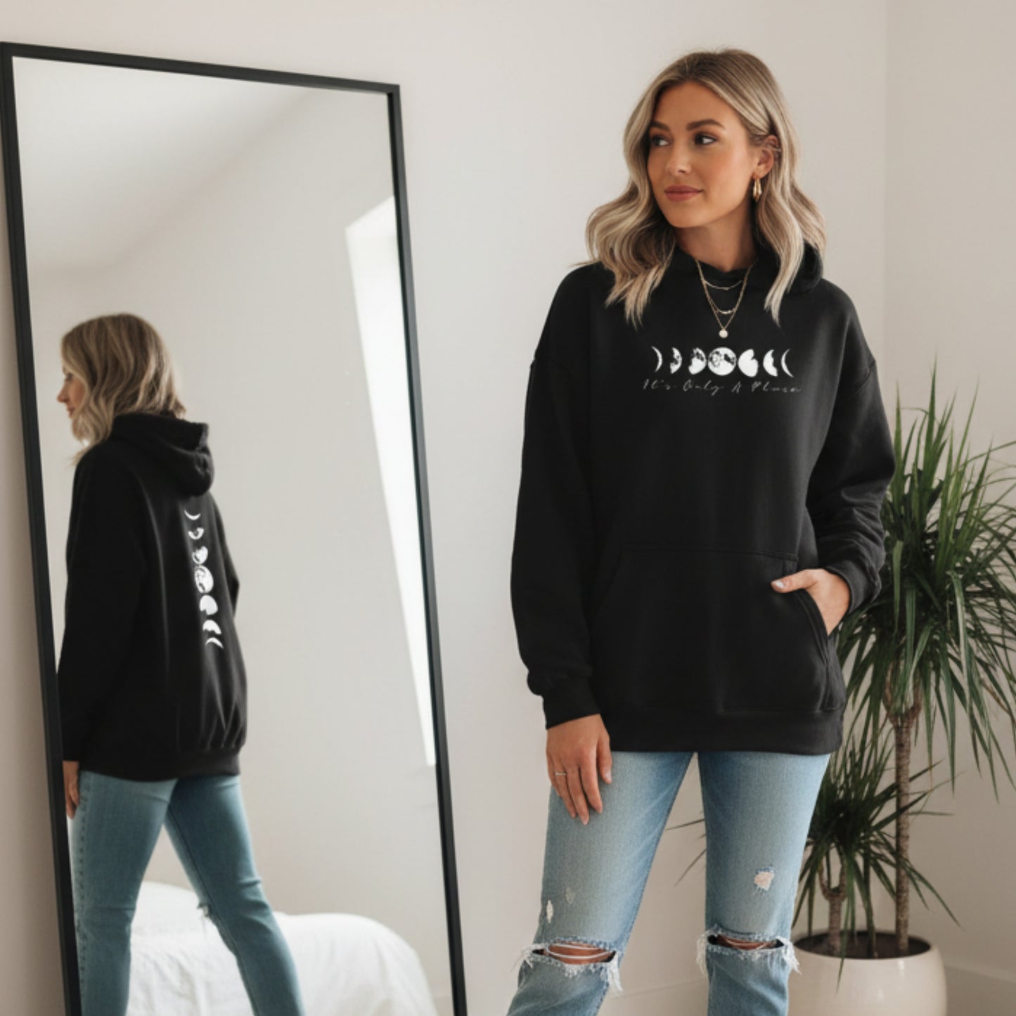 Black moon phases pullover hoodie for women — celestial gift for astrology lovers, moon watchers, and women who live by lunar cyclesirthday or self-love gift for her