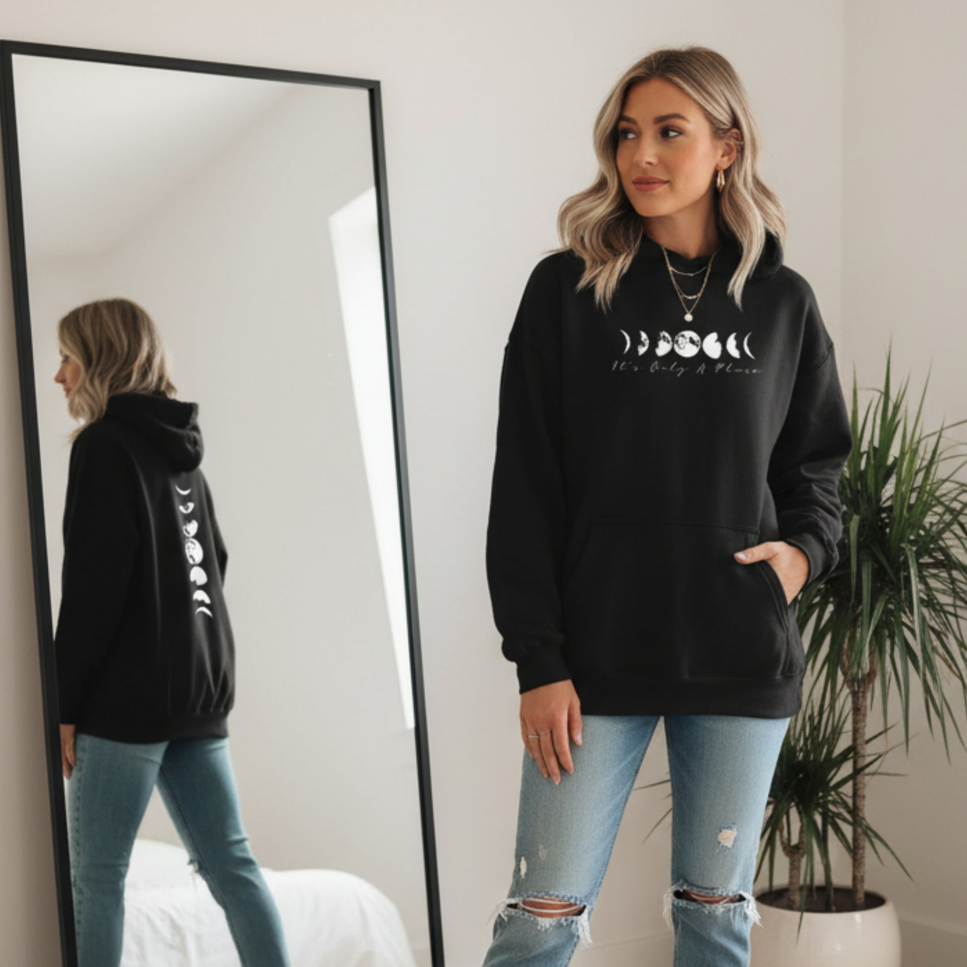 Black moon phases pullover hoodie for women — celestial gift for astrology lovers, moon watchers, and women who live by lunar cyclesirthday or self-love gift for her