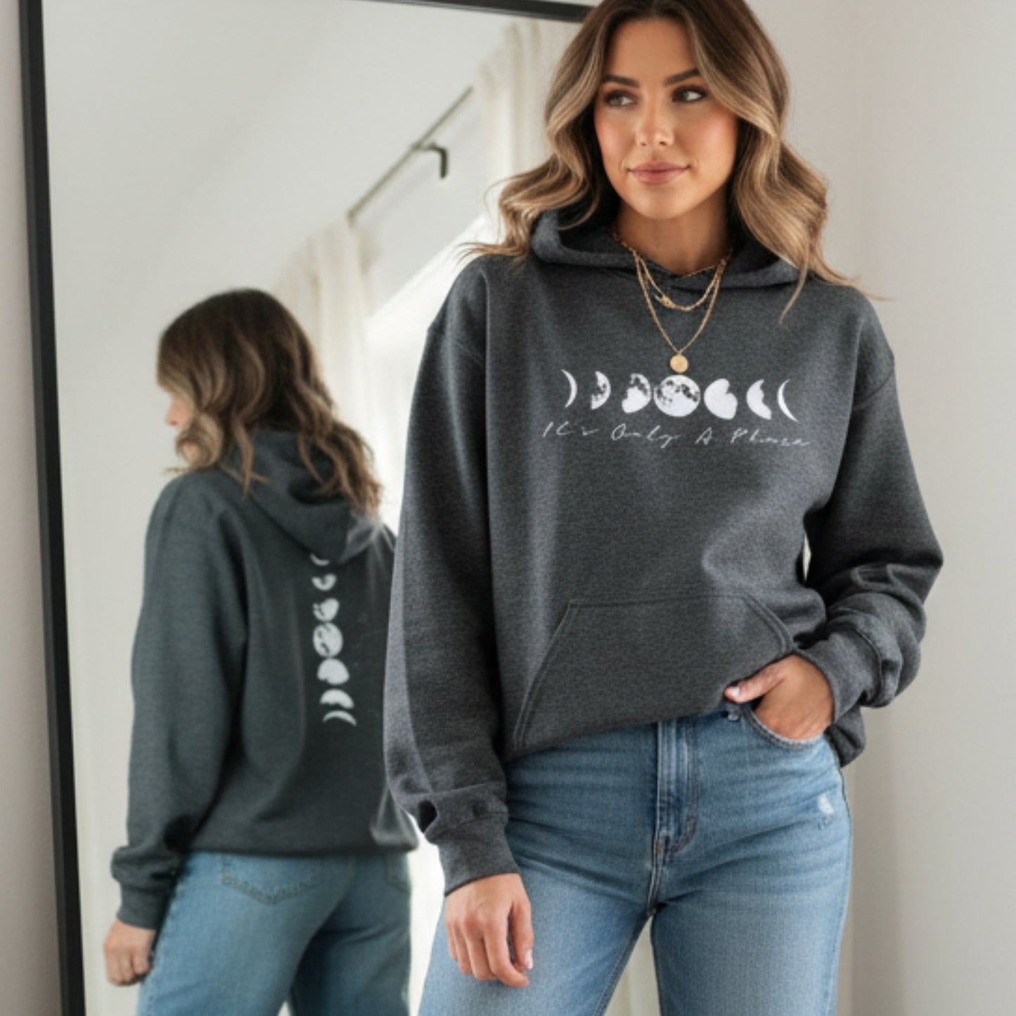 Dark heather grey It's Only A Phase moon phases hoodie — witty celestial gift for her, perfect for the woman who tracks the moon and her moods