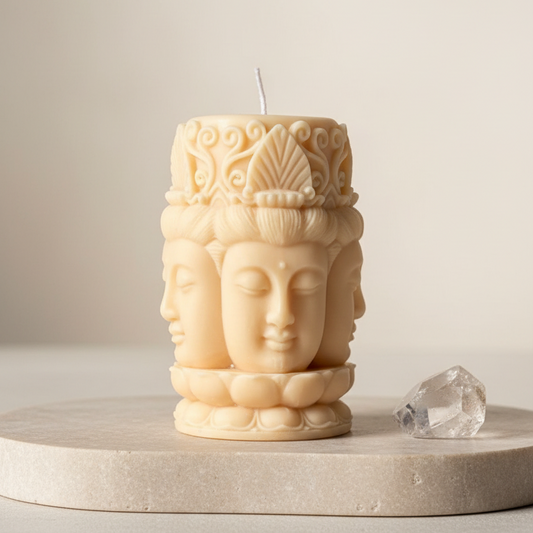 Cream ivory three-face Buddha sculptural soy pillar candle with lotus base and crown detail — Estelle Studio artisan spiritual candle, meditation home décor Canada