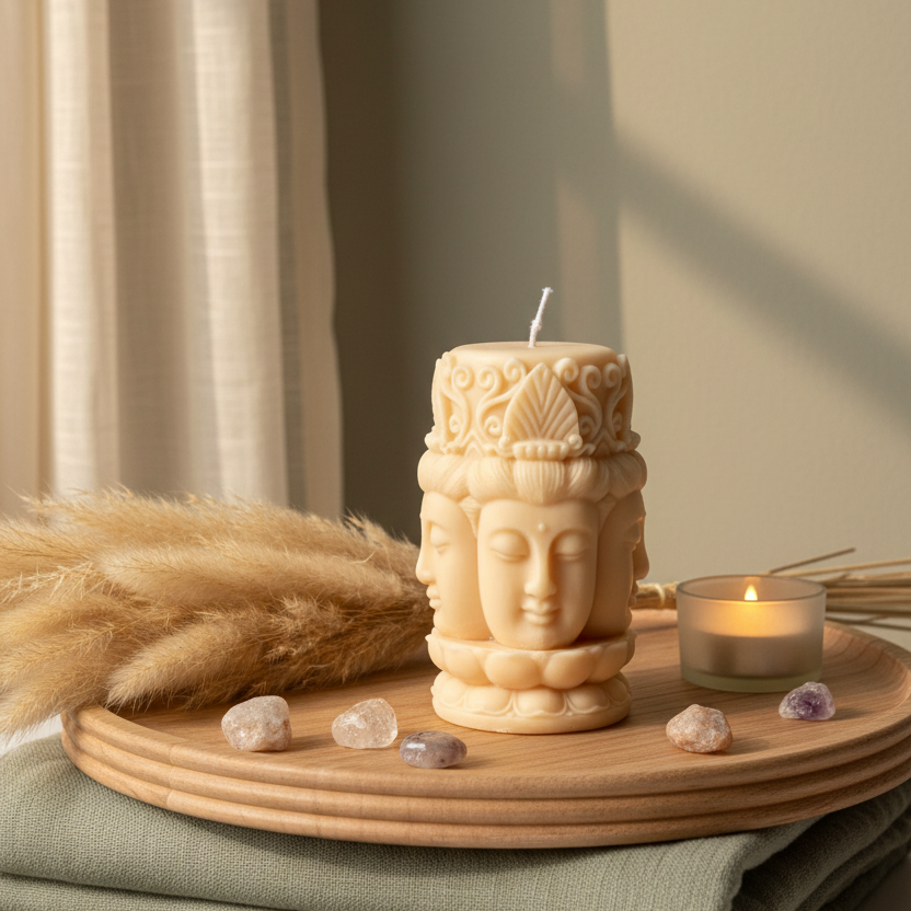 Three-face Buddha sculptural soy pillar candle home decor spiritual candle, meditation home décor hand poured in Canada
