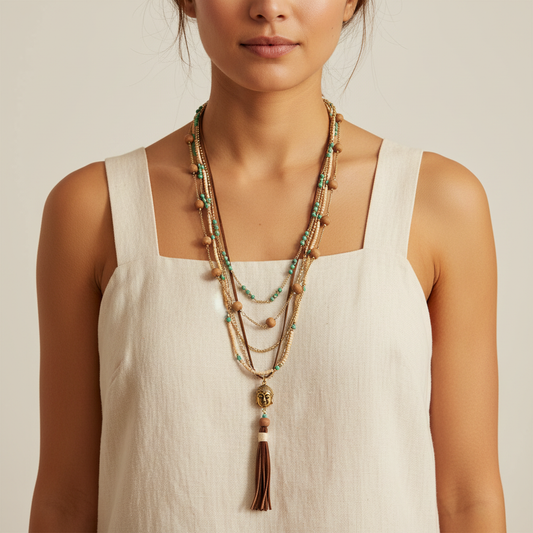 Layered multi-strand boho necklace with wood beads, turquoise beads, gold chains, antique gold Buddha pendant and leather tassel — handmade in India for spiritual and bohemian style