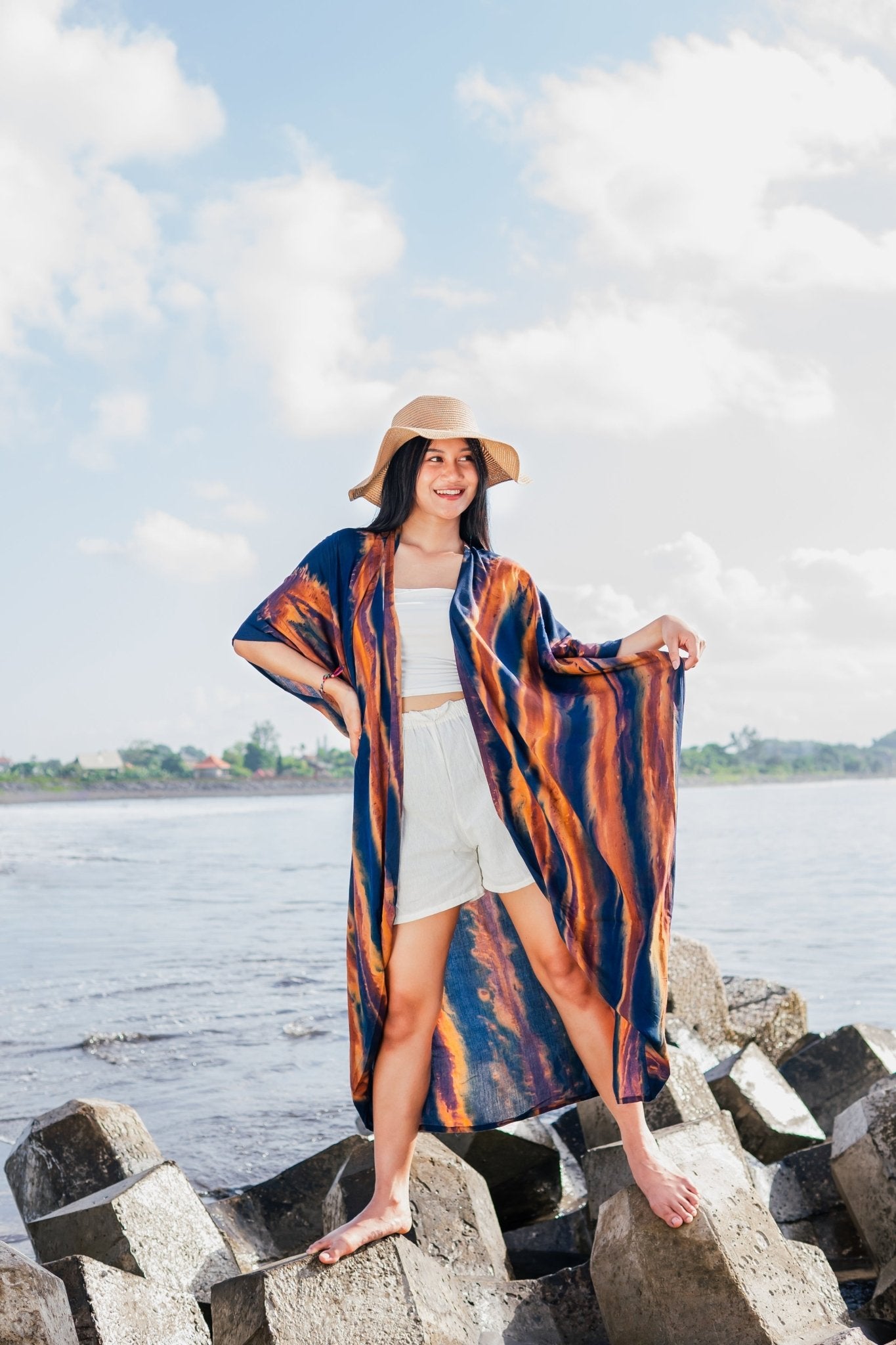 Navy & Gold Abstract Tie Dye Long Kimono - Best Life Apparel