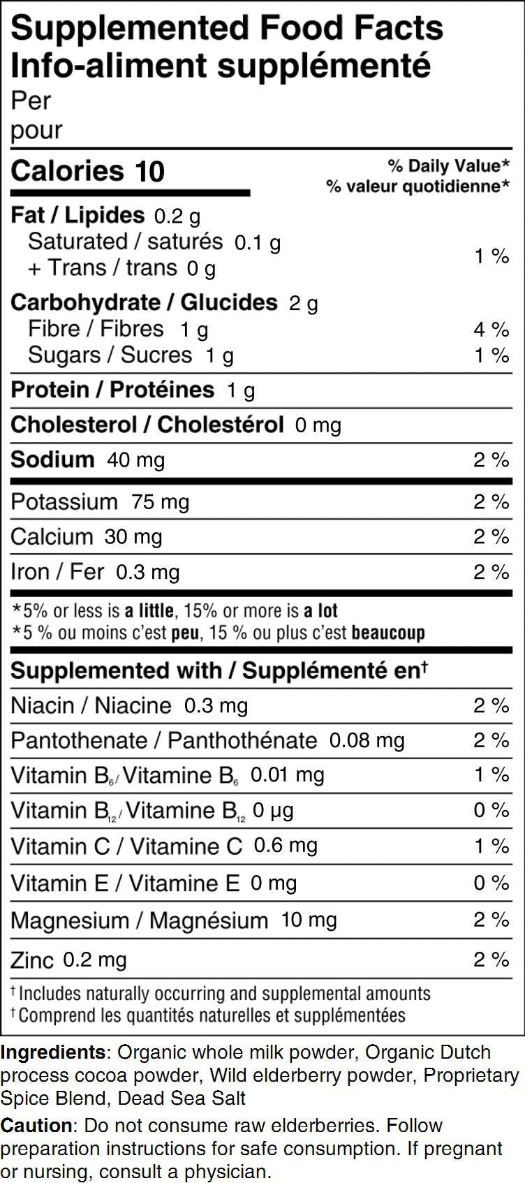 Supplemented Food Facts label with nutritional information and supplement details.