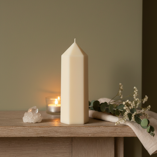 Estelle Studio obelisk peak candle duo cream ivory styled on elegant mantle with crystals — geometric tower soy candles modern home décor accent Canada