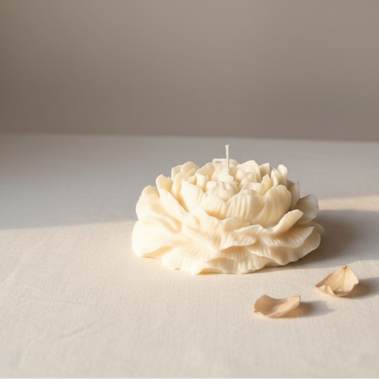 Cream ivory peony flower soy candle with detailed ruffled petal bloom — Estelle Studio artisan floral candle, romantic home décor gift candle Canada
