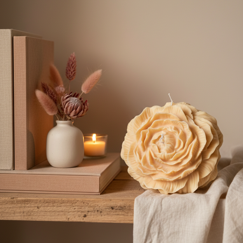 Estelle Studio peony candle cream ivory styled in elegant living room with dried florals — sculptural full bloom soy candle romantic home décor Canada