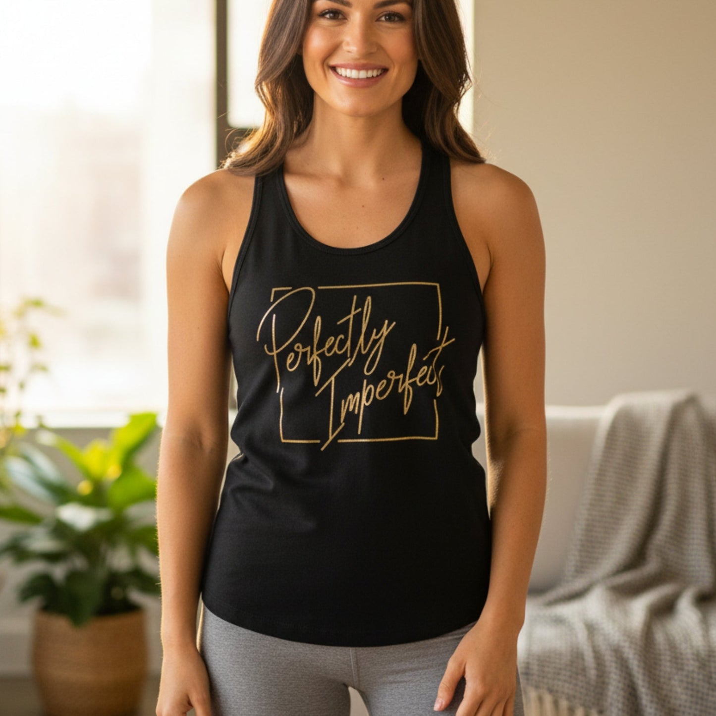 Women's Perfectly Imperfect racerback tank — self-love gift for women, gold print empowerment tank top for her