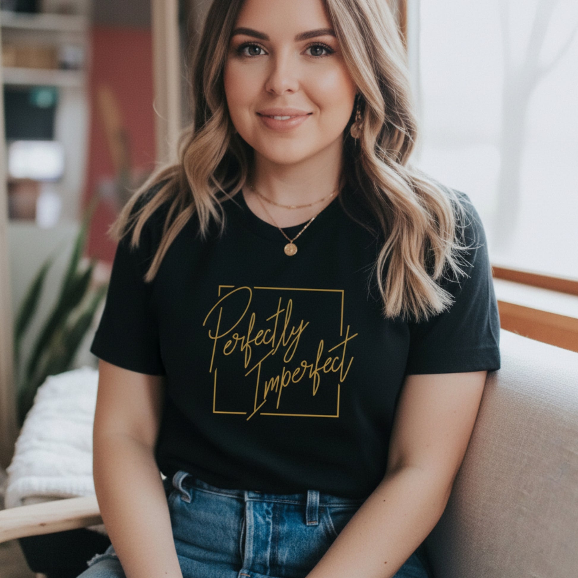 Perfectly Imperfect women's tee in black with gold print — body positive shirt for her, thoughtful gift for a friend who needs a reminder she's enough