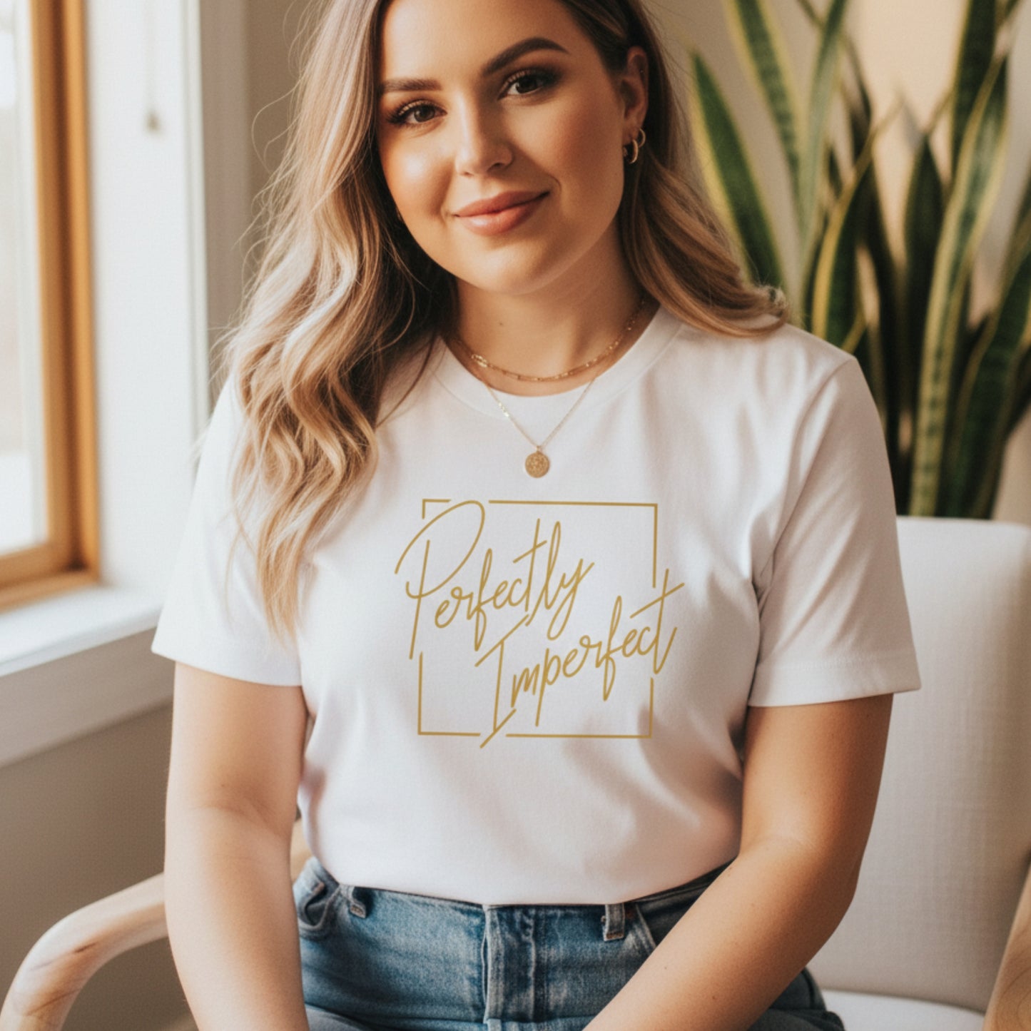 Women's Perfectly Imperfect t-shirt in white and gold — self-love gift for women who embrace who they are