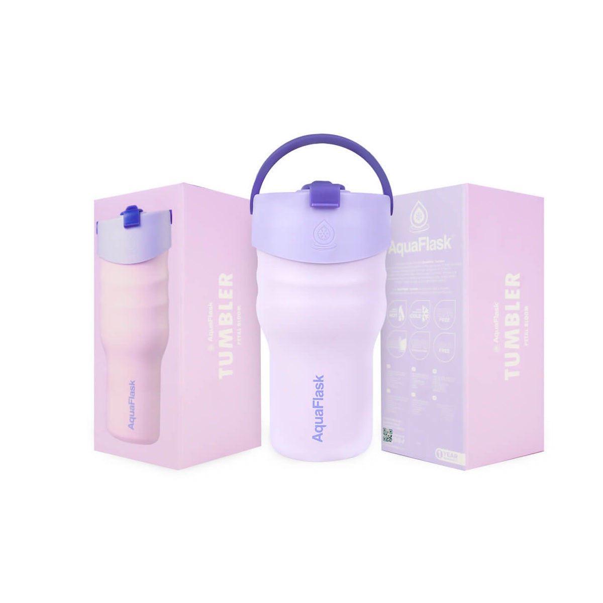 pink purple AquaFlask 20oz tumbler held in hand showing compact portable size