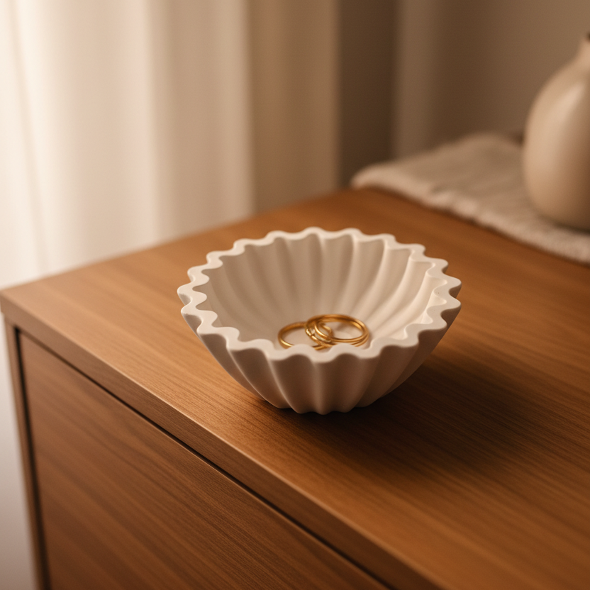 Matte white pleated geometric jesmonite jewelry dish with ruffled wavy edges styled with gold rings on a dresser in warm natural light