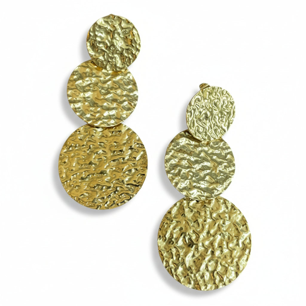 Gold stainless steel triple disc beaten earrings statement artisan jewelry